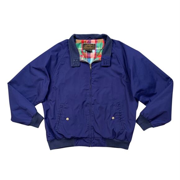 Vintage Eddie Bauer Jacket Mens XL Deep Blue Bomber Full Zip Plaid Lined Vented - Picture 1 of 10